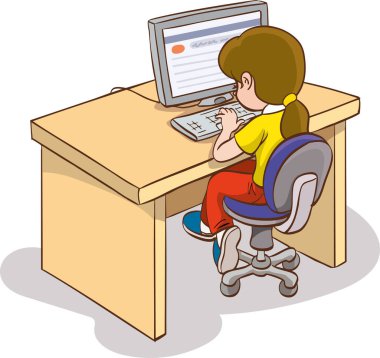 Öğrenci çocuk ofis masasında oturuyor, okul ödevlerini yapıyor, masaüstü bilgisayarında internette sörf yapıyor. Düz vektör çizimi beyaz üzerine izole edildi.
