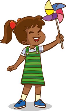 Beyaz arkaplan vektör illüstrasyonunda izole edilmiş renkli bir yel değirmeni oyuncağıyla oynayan sevimli küçük çocuk.