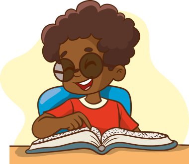 Körler alfabesi vektör illüstrasyonunu kullanarak görme engelli çocuk okuması