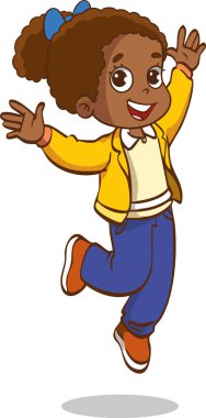 Sevimli küçük çocuk heyecanlı, iki eli havada zıplıyor, mutlu vektör çizimi hissediyor.