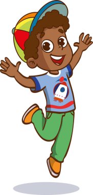 Sevimli küçük çocuk heyecanlı, iki eli havada zıplıyor, mutlu vektör çizimi hissediyor.