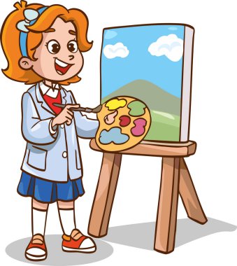 Easel 'de Resim Yapan Küçük Kız' ın Vektör İllüstrasyonu. Sanat sınıfındaki atölyede yağlı boyalarla çalışan tatlı bir kız öğrenci.