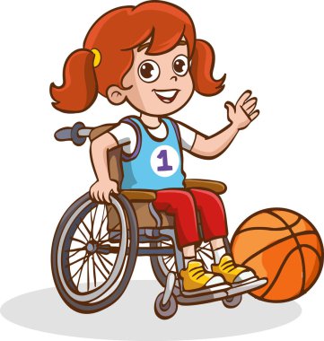 Tekerlekli sandalyede basketbol oynayan çocuğun vektör çizimi