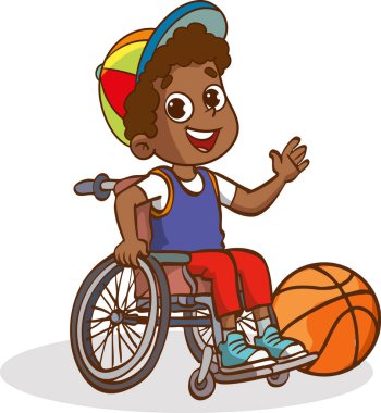 Tekerlekli sandalyede basketbol oynayan çocuğun vektör çizimi