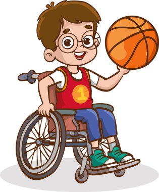 Tekerlekli sandalyede basketbol oynayan çocuğun vektör çizimi