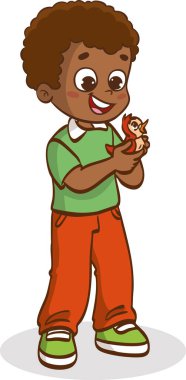 Sevimli bir kuş vektör illüstrasyonu tutan çocuk