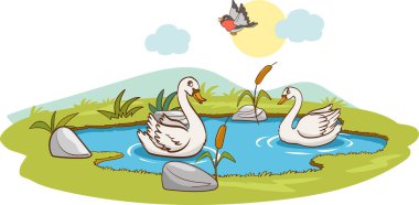 Gölde yüzen kuğuların olduğu doğa sahnesinin vektör çizimi.