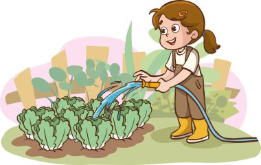 Şirin Çocuğun Bahçedeki Bitkilerini Sulamasının Vektör İllüstrasyonu