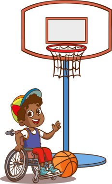 Tekerlekli sandalyedeki engelli çocuk basketbol oynuyor, en iyi arkadaşlarıyla vakit geçiriyor. Engelli kişi, neşeli çocuklar beden eğitimi sınıfı aktivitesi