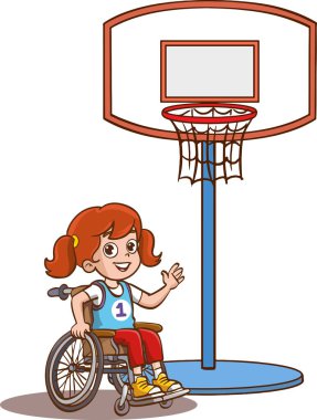 Tekerlekli sandalyedeki engelli çocuk basketbol oynuyor, en iyi arkadaşlarıyla vakit geçiriyor. Engelli kişi, neşeli çocuklar beden eğitimi sınıfı aktivitesi