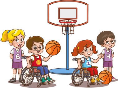 Tekerlekli sandalyede basketbol oynamayı seven engelli bir çocuk. Engelli kişi, neşeli çocuklar beden eğitimi sınıfı aktivitesi