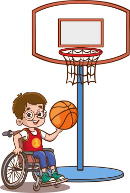 Tekerlekli sandalyedeki engelli çocuk basketbol oynuyor, en iyi arkadaşlarıyla vakit geçiriyor. Engelli kişi, neşeli çocuklar beden eğitimi sınıfı aktivitesi