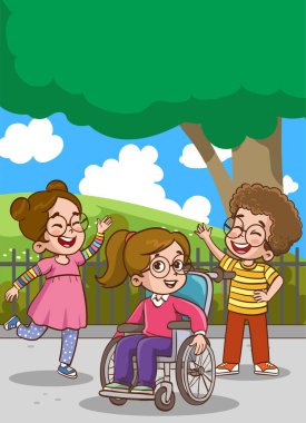 Arkadaşların birlikte eğlendiğinin vektör çizimi. Tekerlekli sandalyedeki engelli çocuklar en iyi arkadaşlarıyla vakit geçiriyorlar. Engelli, neşeli çocuklar.