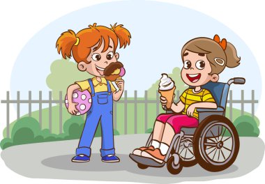 Arkadaşların birlikte eğlendiğinin vektör çizimi. Tekerlekli sandalyedeki engelli çocuklar en iyi arkadaşlarıyla vakit geçiriyorlar. Engelli, neşeli çocuklar.