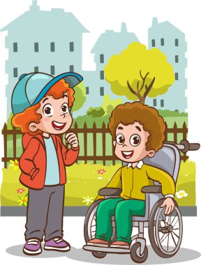 Arkadaşların birlikte eğlendiğinin vektör çizimi. Tekerlekli sandalyedeki engelli çocuklar en iyi arkadaşlarıyla vakit geçiriyorlar. Engelli, neşeli çocuklar.