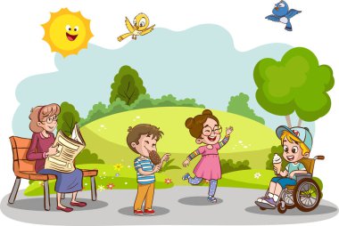Arkadaşların birlikte eğlendiğinin vektör çizimi. Tekerlekli sandalyedeki engelli çocuklar en iyi arkadaşlarıyla vakit geçiriyorlar. Engelli, neşeli çocuklar.