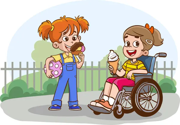 Arkadaşların birlikte eğlendiğinin vektör çizimi. Tekerlekli sandalyedeki engelli çocuklar en iyi arkadaşlarıyla vakit geçiriyorlar. Engelli, neşeli çocuklar.