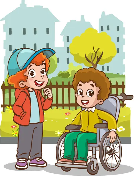 Arkadaşların birlikte eğlendiğinin vektör çizimi. Tekerlekli sandalyedeki engelli çocuklar en iyi arkadaşlarıyla vakit geçiriyorlar. Engelli, neşeli çocuklar.