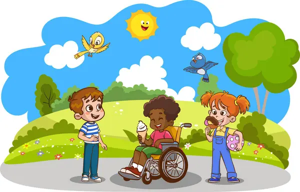 Arkadaşların birlikte eğlendiğinin vektör çizimi. Tekerlekli sandalyedeki engelli çocuklar en iyi arkadaşlarıyla vakit geçiriyorlar. Engelli, neşeli çocuklar.