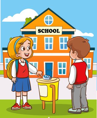 Çöp kutusuna çöp atan öğrencinin vektör illüstrasyonu