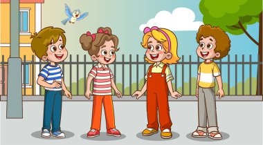 Parkta konuşan bir grup çocuk. Sohbet eden çocukların vektör çizimi.