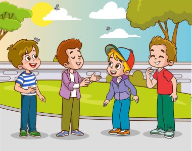 Parkta konuşan bir grup çocuk. Sohbet eden çocukların vektör çizimi.