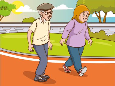 Sabah yürüyüşündeki yaşlı çiftin vektör çizimi
