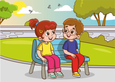 Çocuklar parkta konuşuyor. Çocukların sohbetlerinin vektör çizimi