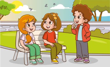 Parkta konuşan bir grup çocuk. Sohbet eden çocukların vektör çizimi.