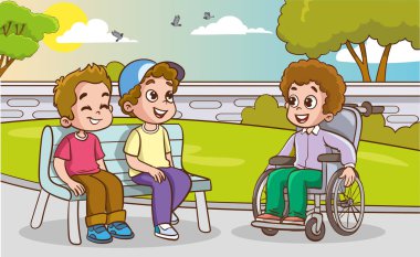 Parkta konuşan bir grup çocuk. Sohbet eden çocukların vektör çizimi.