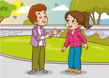 Çocuklar parkta konuşuyor. Çocukların sohbetlerinin vektör çizimi