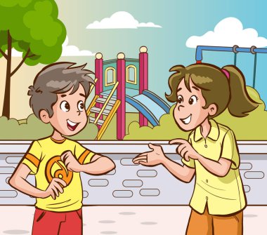 Çocuklar parkta konuşuyor. Çocukların sohbetlerinin vektör çizimi