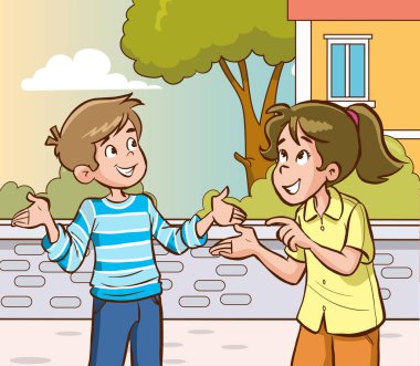 Çocuklar parkta konuşuyor. Çocukların sohbetlerinin vektör çizimi