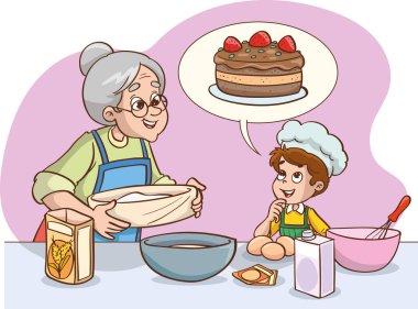 Büyükannesi torununa pasta yapmayı öğretiyor. Vektör çizimi.