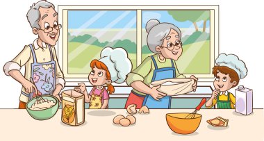 Torununa pasta yapmayı öğretiyor. Vektör illüstrasyonu