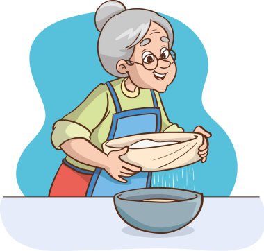 Büyükanne un eleme. Bir fincanda elek. Pişirme malzemeleri. Mutfak eşyaları. Hamur pişirme.