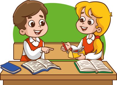 Sınıfta oturmuş sohbet eden iki çocuk, okul malzemeleri ve sırt çantalarıyla masada oturan çeşitli öğrenciler, eşyalarını paylaşan çocuklar.