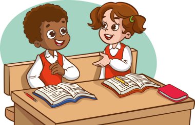 Sınıfta oturmuş sohbet eden iki çocuk, okul malzemeleri ve sırt çantalarıyla masada oturan çeşitli öğrenciler, eşyalarını paylaşan çocuklar.