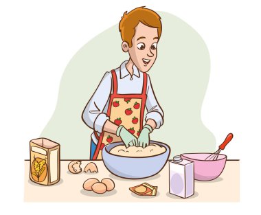 Mutfakta kek ya da ekmek yapan bir adamın vektör çizimi