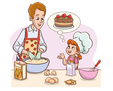 Baba ve kızının mutfakta pasta ya da ekmek yapmasının vektör çizimi