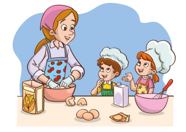 Anne ve çocukların mutfakta pasta ya da ekmek yapmasının vektör çizimi