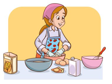 Mutfakta kek ya da ekmek yapan bir kadının vektör çizimi