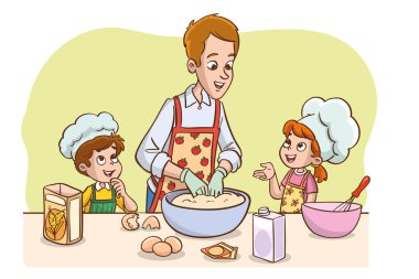 Baba ve çocukların mutfakta pasta ya da ekmek yapmasının vektör çizimi