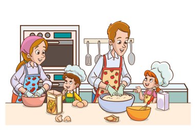 Aile, mutfak vektör illüstrasyonunda kek veya ekmek yapıyor