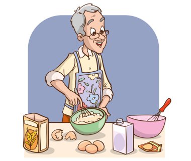 Büyükbabam mutfak vektör illüstrasyonunda kek veya ekmek yapıyor.