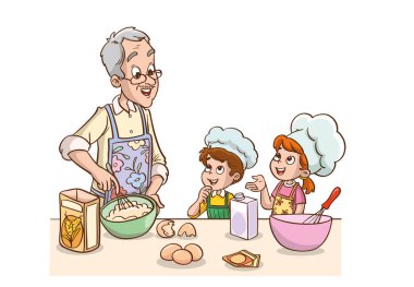 Büyükbaba ve çocukların mutfakta pasta ya da ekmek yapmasının vektör çizimi