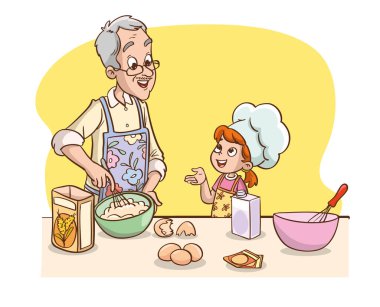 Büyükbaba ve torunun mutfakta pasta ya da ekmek yapmasının vektör çizimi