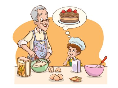 Büyükbaba ve torunun mutfakta pasta ya da ekmek yapmasının vektör çizimi