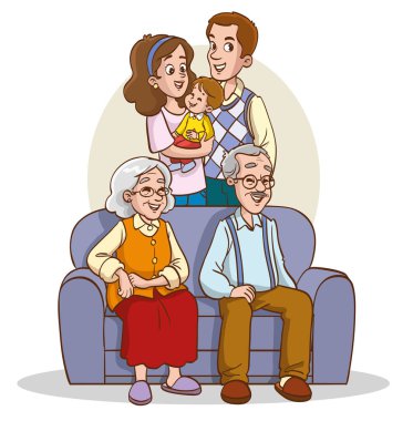 Büyük aile vektör illüstrasyonu. Mutlu aile portre fotoğrafçılığı için kanepede yan yana oturuyor.