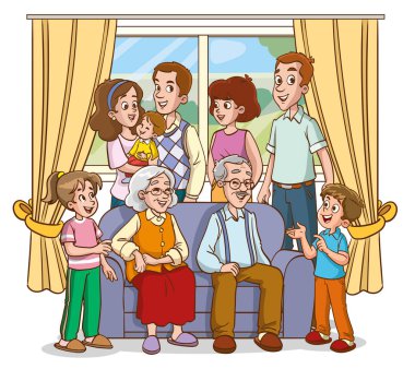 Büyük aile vektör illüstrasyonu. Mutlu aile portre fotoğrafçılığı için kanepede yan yana oturuyor.